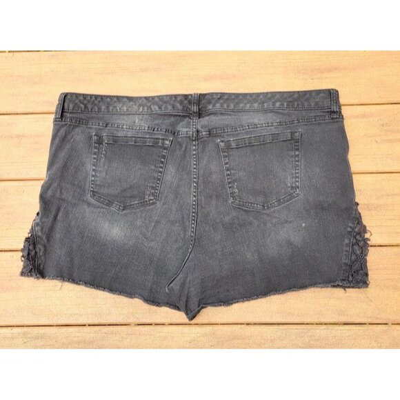 Torrid Size 24 Plus Black Denim Shorts w Crochet Lace Accents Distressed Jeans - Picture 3 of 5
